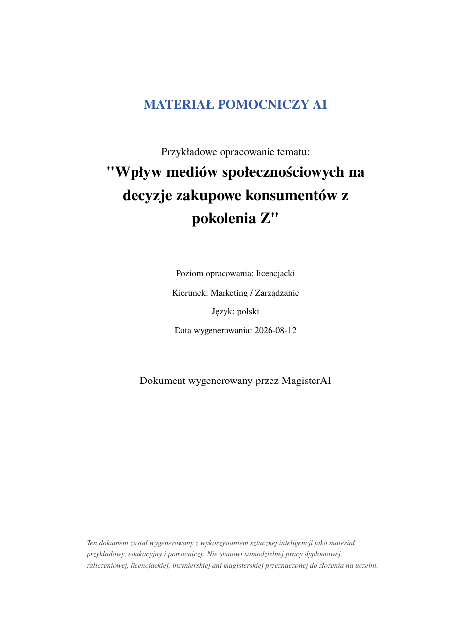 Strona tytułowa opracowania: Wpływ mediów społecznościowych na decyzje zakupowe konsumentów z pokolenia Z