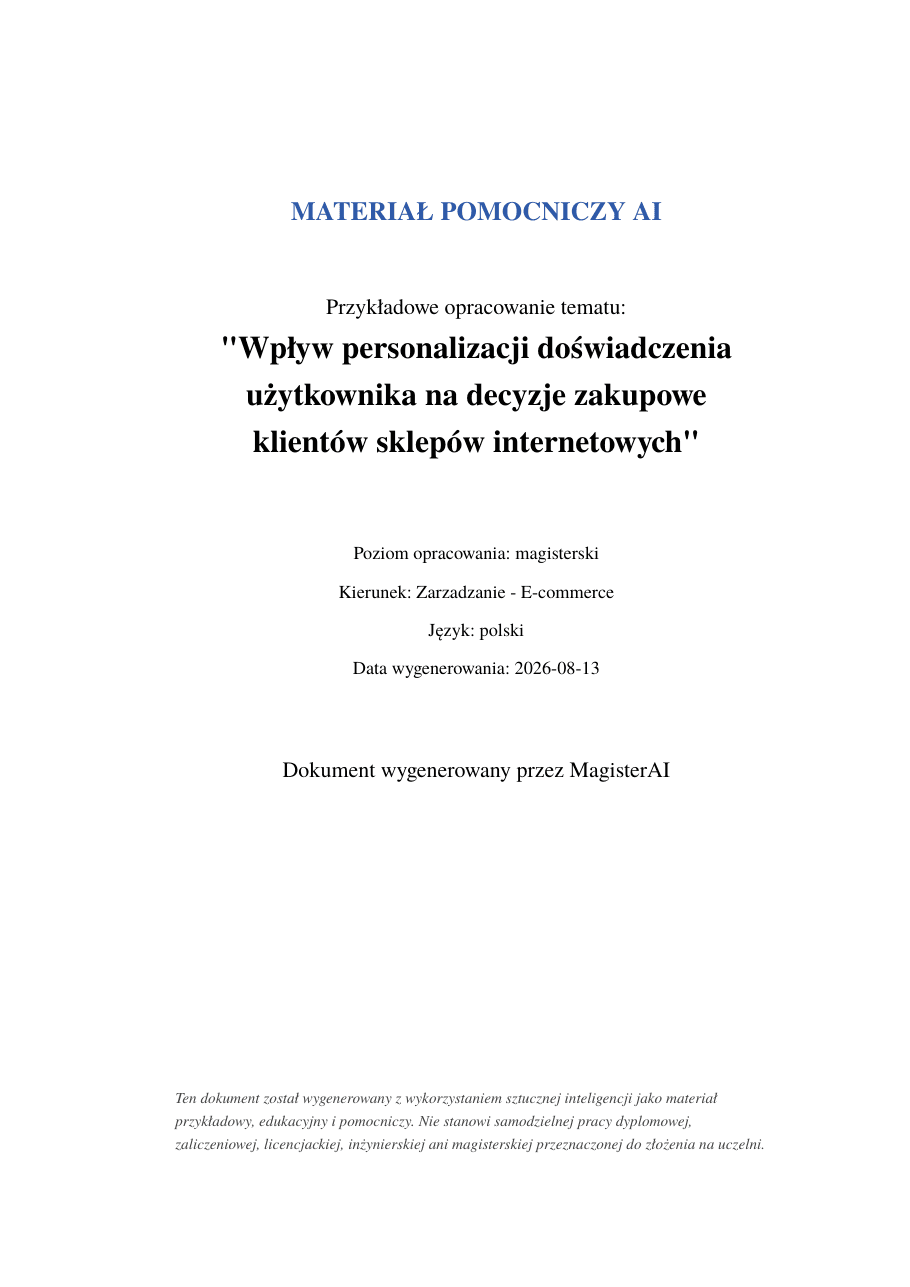 Strona tytułowa opracowania: Wpływ personalizacji doświadczenia użytkownika na decyzje zakupowe klientów sklepów internetowych